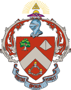 Triangle crest showing colors of old rose and gray