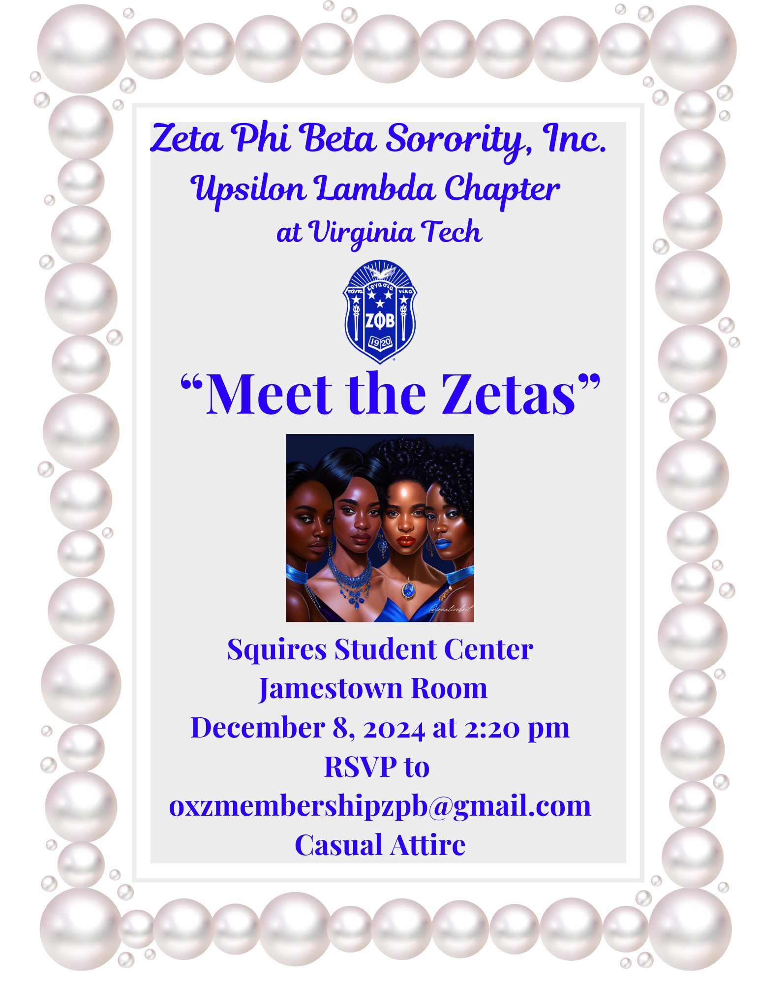 Event graphic sharing details for Meet the Zetas event in blue and white