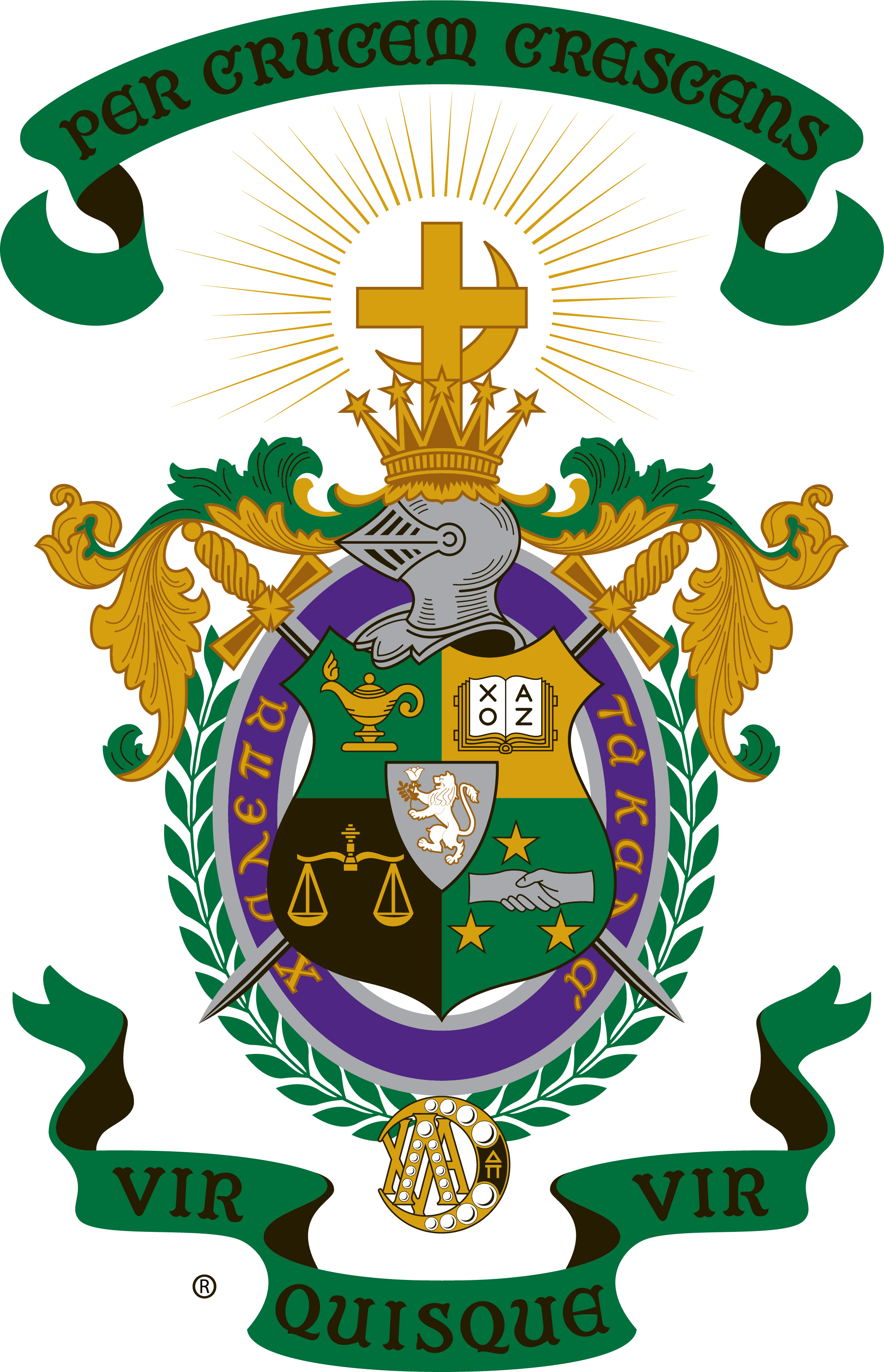 Lambda Chi Alpha crest showing colors of green, purple, gold